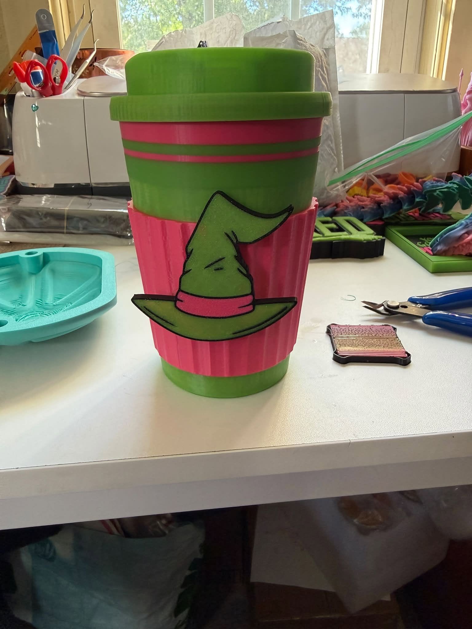 Pink and green witch hat travel tumbler